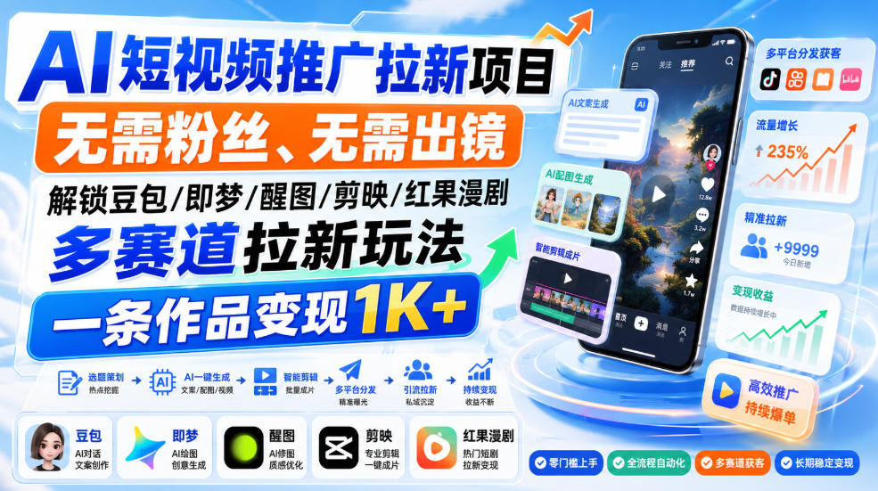 AI短视频推广拉新项目，无需粉丝、无需出镜，解锁豆包/即梦/醒图/剪映/红果漫剧多赛道拉新玩法，一条作品变现1K+(更新0910)-佰因轻创网