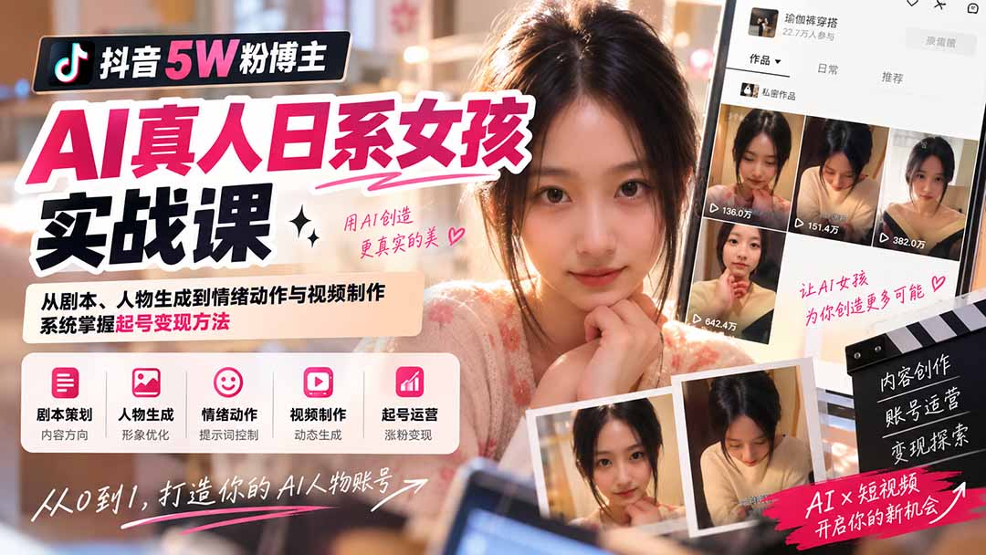抖音5W粉博主AI真人日系女孩实战课：从剧本、人物生成到情绪动作与视频制作，系统掌握起号变现方法-佰因轻创网