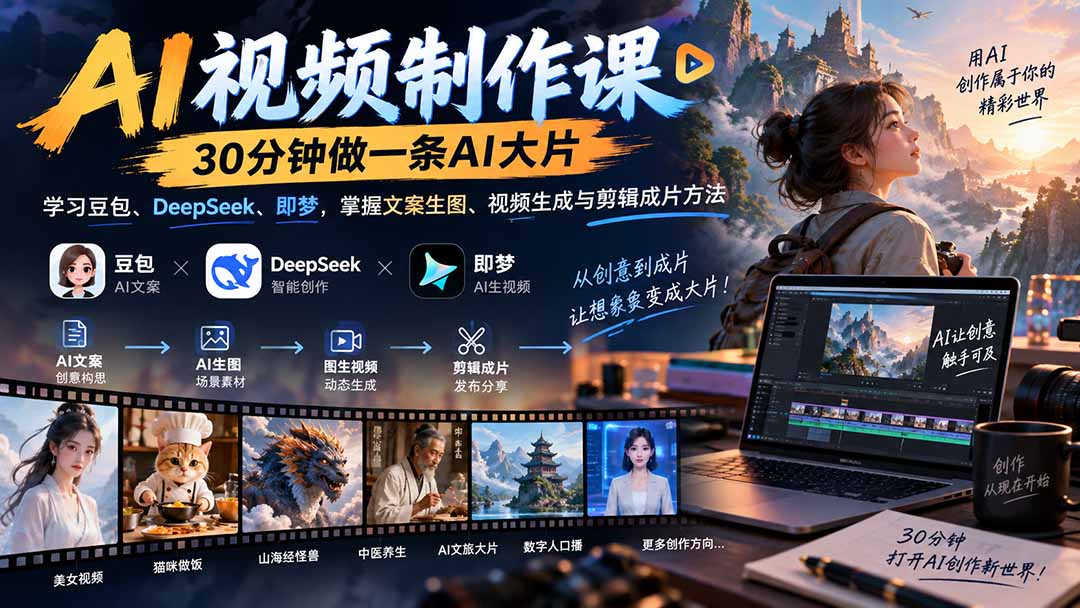 AI视频制作课-30分钟做一条AI大片：学习豆包、DeepSeek、即梦，掌握文案生图、视频生成与剪辑成片方法-佰因轻创网