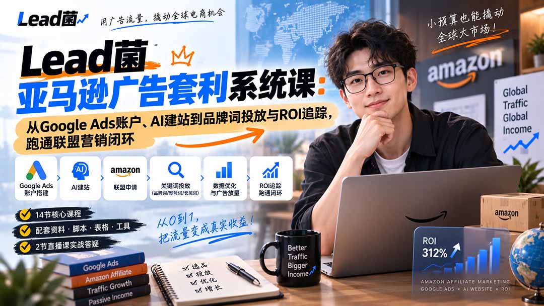 Lead菌亚马逊广告套利系统课:从Google Ads账户、AI建站到品牌词投放与ROI追踪,跑通联盟营销闭环-佰因轻创网