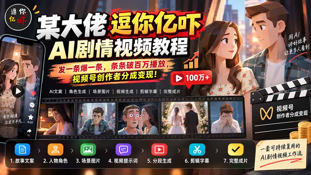 某大佬逗你亿吓AI低模剧情视频制作教程：发一条爆一条，条条破百万播放，利用视频号创作者分成变现!-佰因轻创网