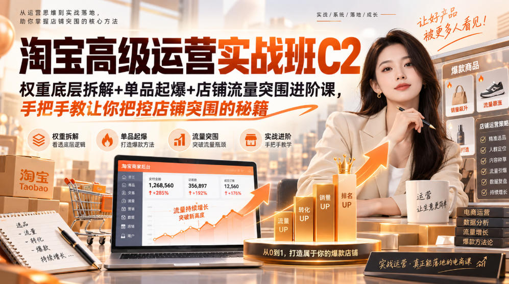 淘宝高级运营实战班C2｜权重底层拆解+单品起爆+店铺流量突围进阶课，手把手教让你把控店铺突围的秘籍-佰因轻创网
