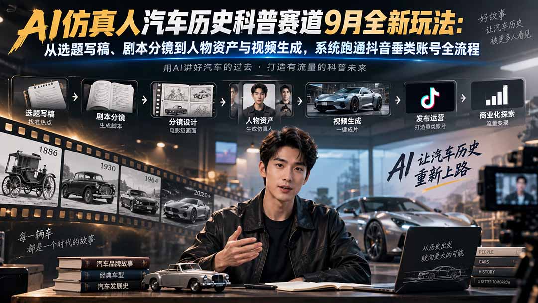 AI仿真人汽车历史科普赛道9月全新玩法:从选题写稿、剧本分镜到人物资产与视频生成,系统跑通抖音垂类账号全流程-佰因轻创网