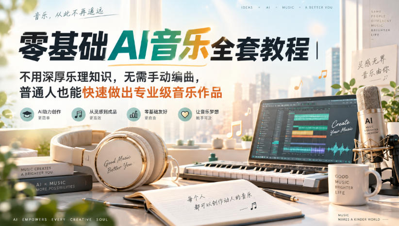 零基础AI音乐全套教程｜不用深厚乐理知识，无需手动编曲，普通人也能快速做出专业级音乐作品-佰因轻创网