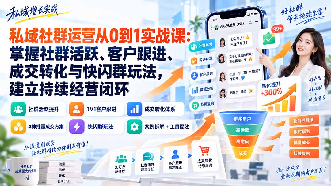私域社群运营从0到1实战课：掌握社群活跃、客户跟进、成交转化与快闪群玩法，建立持续经营闭环-佰因轻创网