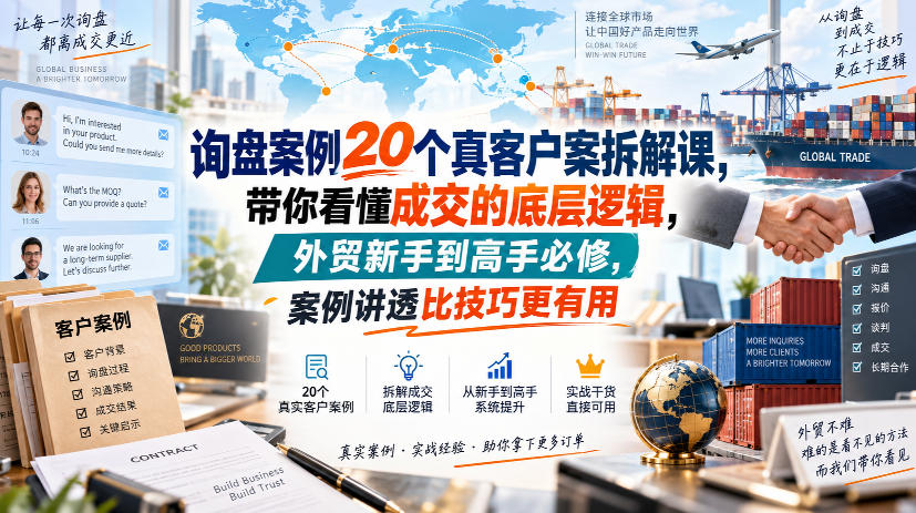 询盘案例20个真客户案拆解课，带你看懂成交的底层逻辑，外贸新手到高手必修，案例讲透比技巧更有用-佰因轻创网