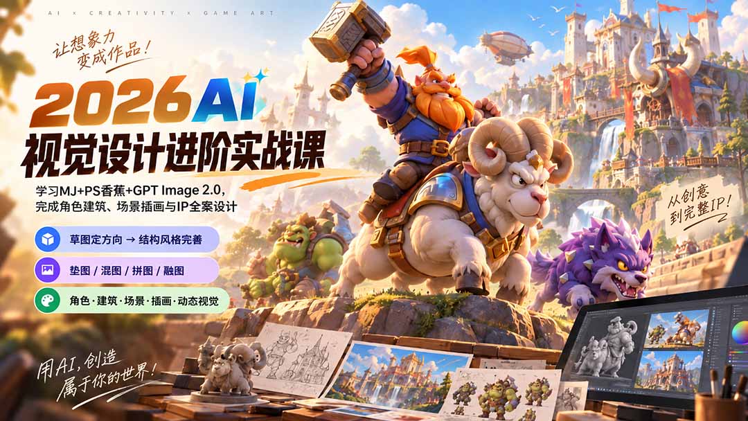 2026AI视觉设计进阶实战课-更新：学习MJ+PS香蕉+GPT Image 2.0，完成角色建筑、场景插画与IP全案设计-佰因轻创网