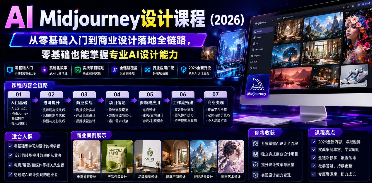 AI Midjourney设计课程(2026)，从零基础入门到商业设计落地全链路，零基础也能掌握专业AI设计能力(更新0913)-佰因轻创网