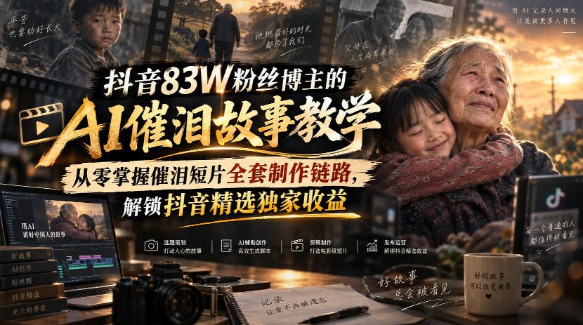 抖音83W粉丝博主的AI催泪故事教学，从零掌握催泪短片全套制作链路，解锁抖音精选独家收益-佰因轻创网