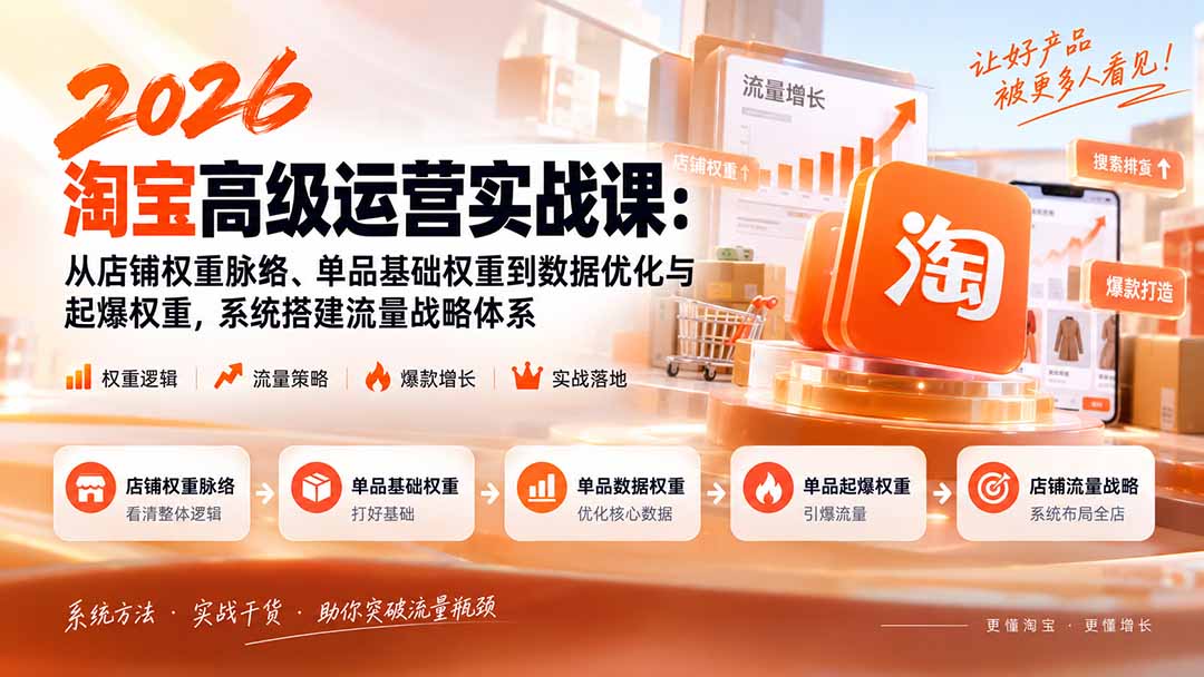 2026淘宝高级运营实战课：从店铺权重脉络、单品基础权重到数据优化与起爆权重，系统搭建流量战略体系-佰因轻创网