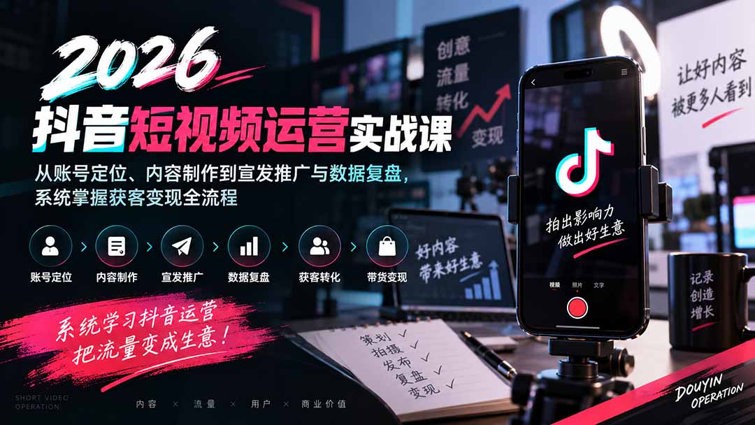2026抖音短视频运营实战课：从账号定位、内容制作到宣发推广与数据复盘，系统掌握获客变现全流程-佰因轻创网