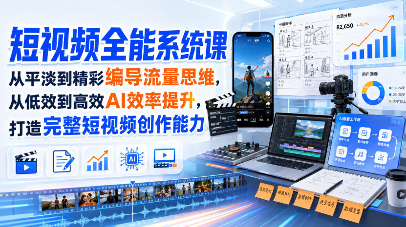 短视频全能系统课，从平淡到精彩编导流量思维，从低效到高效AI效率提升，打造完整短视频创作能力(完整版)-佰因轻创网