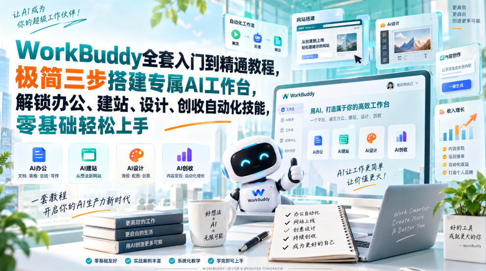 WorkBuddy全套入门到精通教程，极简三步搭建专属AI工作台，解锁办公、建站、设计、创收自动化技能，零基础轻松上手-佰因轻创网