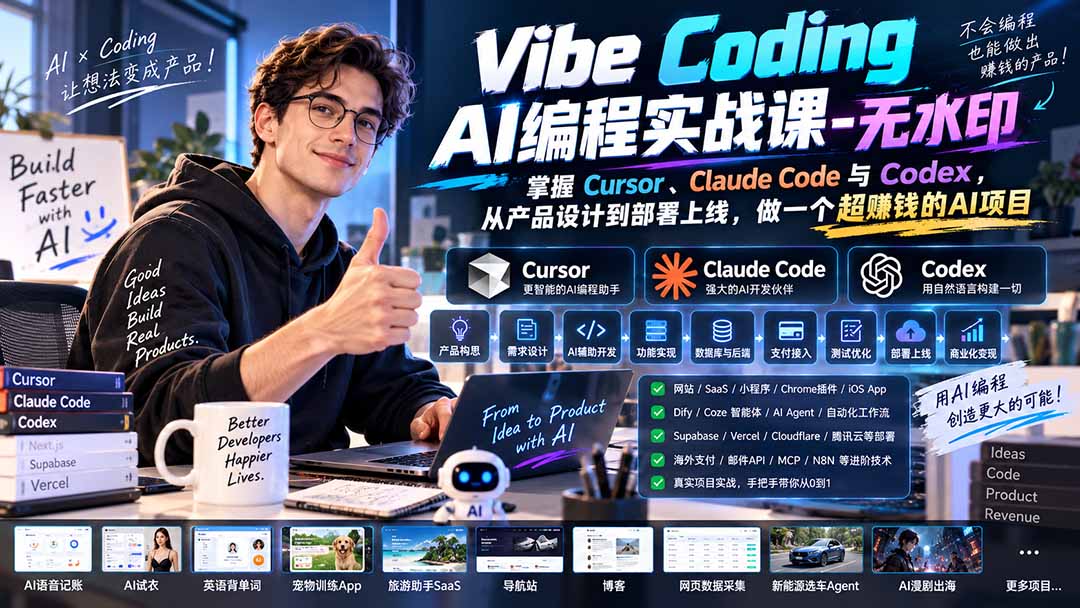 Vibe Coding AI编程实战课-无水印：掌握Cursor、Claude Code与Codex，从产品设计到部署上线，做一个超赚钱的AI项目-佰因轻创网