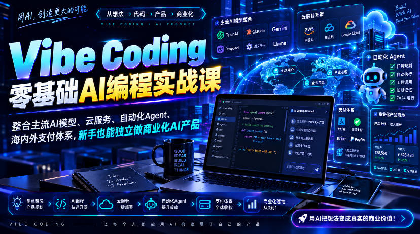 Vibe Coding零基础AI编程实战课-无水印，整合主流AI模型、云服务、自动化Agent、海内外支付体系，新手也能独立做商业化AI产品-佰因轻创网