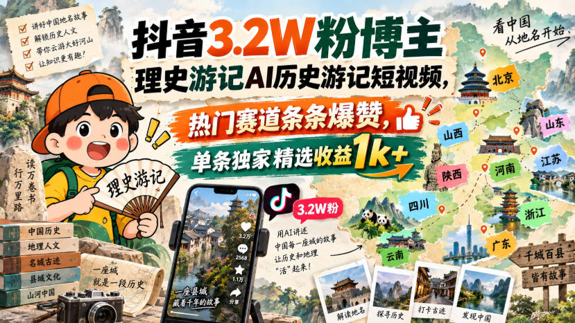 抖音3.2W粉博主理史游记AI历史游记短视频教学，热门赛道条条爆赞，单条独家精选收益1k+-佰因轻创网