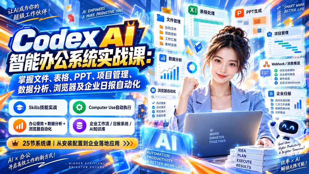 Codex AI智能办公系统实战课：掌握文件、表格、PPT、项目管理、数据分析、浏览器及企业日报自动化-佰因轻创网