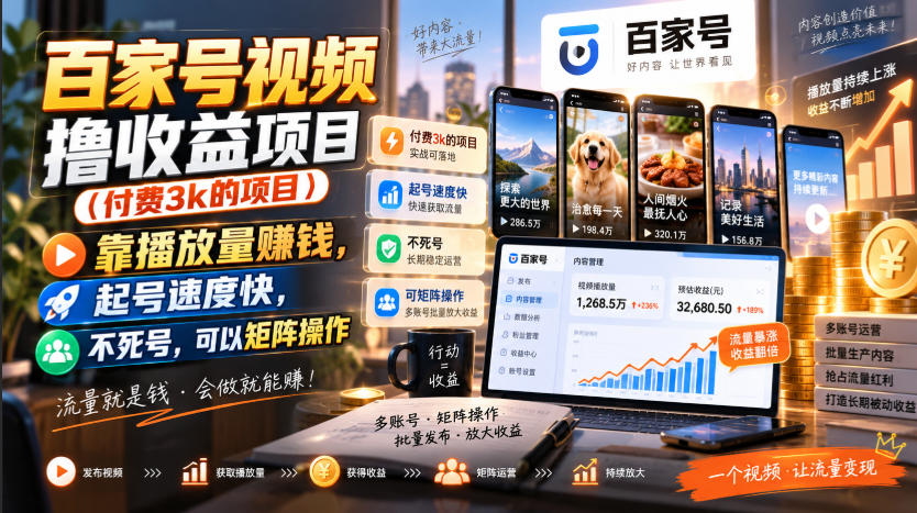 百家号视频撸收益项目(付费3k的项目),靠播放量賺钱,起号速度快,不死号,可以矩阵操作-佰因轻创网