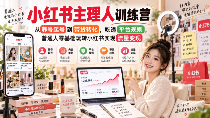 小红书主理人训练营，从养号起号到带货转化，吃透平台规则，普通人零基础玩转小红书实现流量变现-佰因轻创网