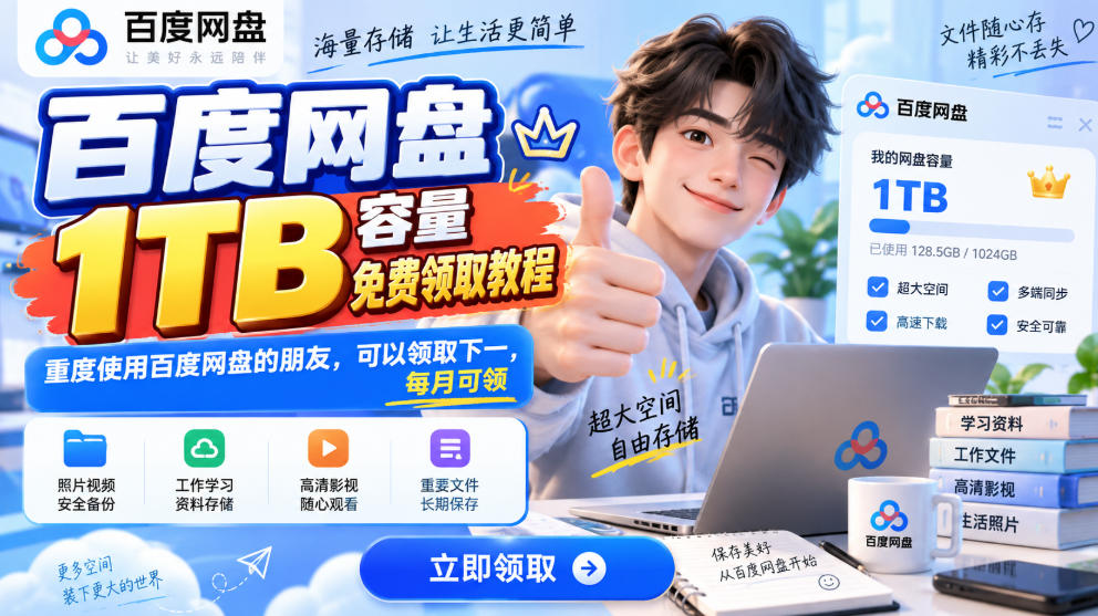 百度网盘1TB容量免费领取教程，重度使用百度网盘的朋友，可以领取下一，每月可领-佰因轻创网