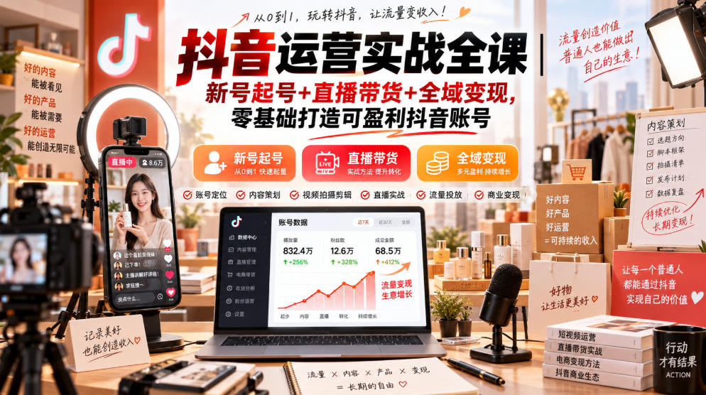 抖音运营实战全课｜新号起号+直播带货+全域变现，零基础打造可盈利抖音账号-佰因轻创网