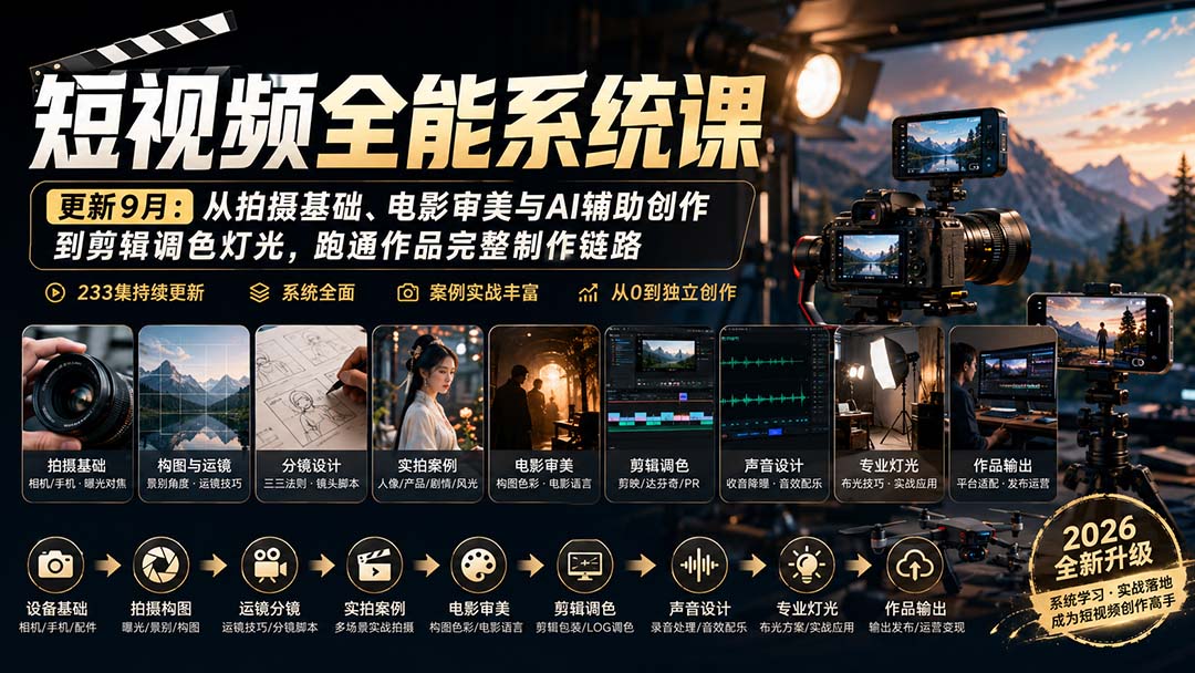 短视频全能系统课-9月完整版：从拍摄基础、电影审美与AI辅助创作到剪辑调色灯光，跑通作品完整制作链路-佰因轻创网