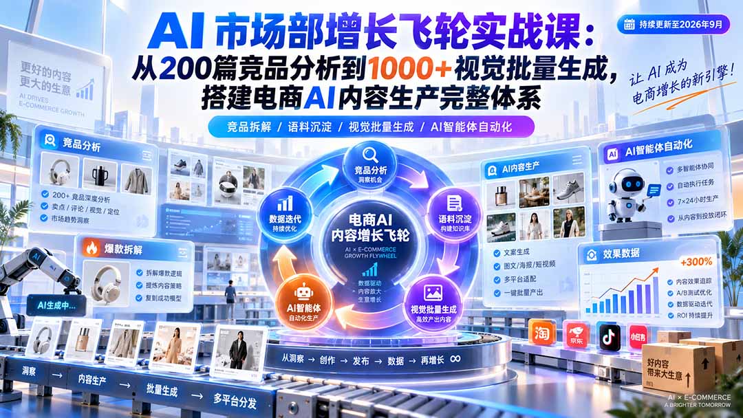 AI 市场部增长飞轮实战课：从200篇竞品分析到1000+视觉批量生成，搭建电商AI内容生产完整体系-佰因轻创网
