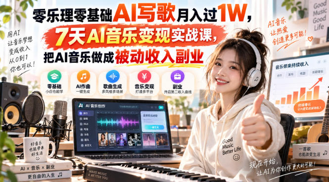 零乐理零基础AI写歌月入过1W，7天AI音乐变现实战课，把AI音乐做成被动收入副业-佰因轻创网