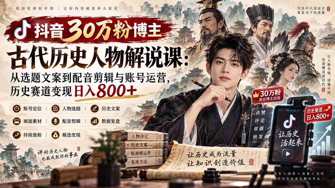 抖音30万粉博主古代历史人物解说课：从选题文案到配音剪辑与账号运营，历史赛道变现日入800+-佰因轻创网
