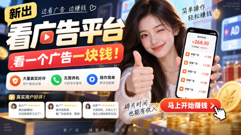新出看广告平台,看一个广告一块钱,大量真实好评!无需养机、不会黑号,操作简单【揭秘】-佰因轻创网