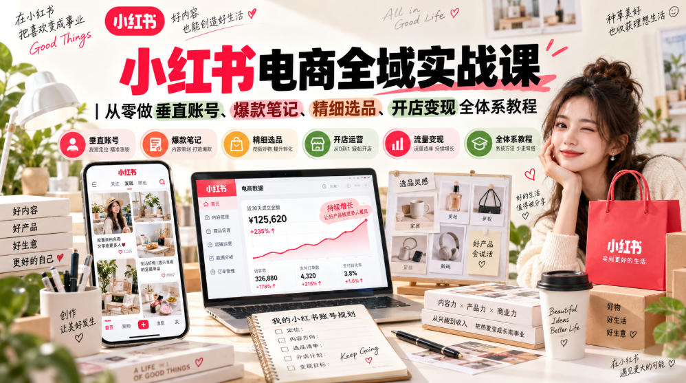 小红书电商全域实战课｜从零做垂直账号、爆款笔记、精细选品、开店变现全体系教程-佰因轻创网