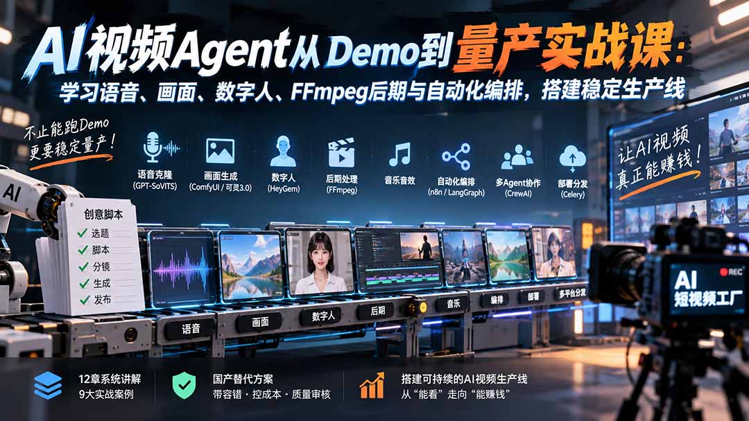 AI视频Agent从Demo到量产实战课：学习语音、画面、数字人、FFmpeg后期与自动化编排，搭建稳定生产线-佰因轻创网