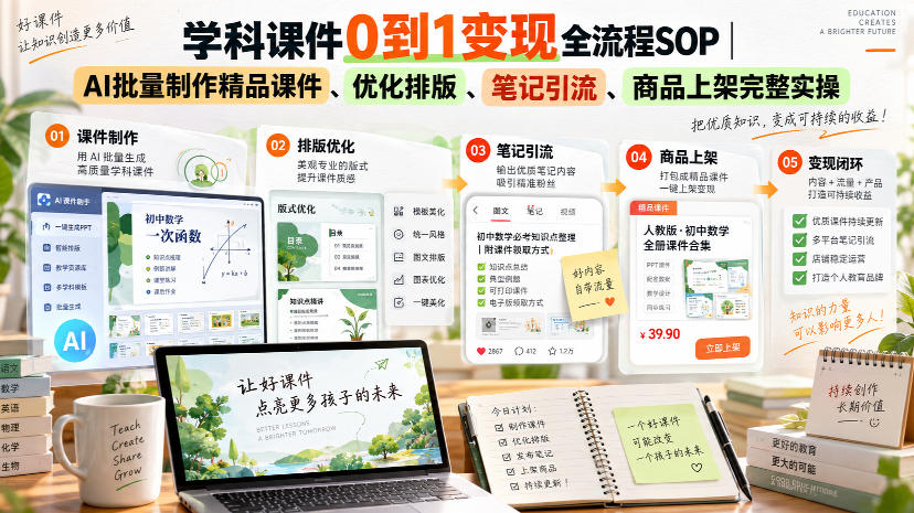 学科课件0到1变现全流程SOP｜AI批量制作精品课件、优化排版、笔记引流、商品上架完整实操​-佰因轻创网