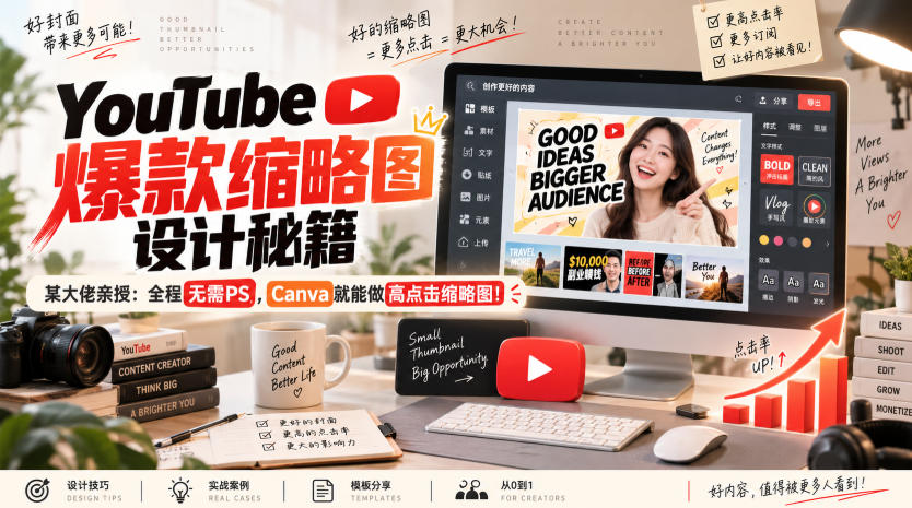 YouTube爆款缩略图设计秘籍,某油管大佬(610万订阅者)亲授,全程无需PS,Canva就能做高点击缩略图!【原创双语字幕】-佰因轻创网