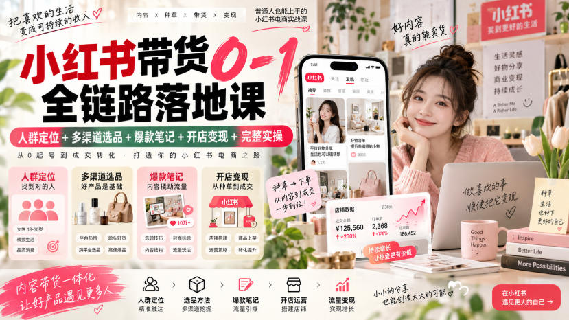 小红书带货0-1全链路落地课｜人群定位+多渠道选品+爆款笔记+开店变现完整实操-佰因轻创网