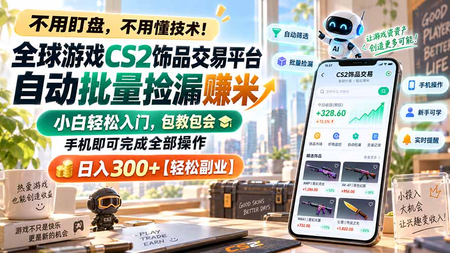 全球游戏CS2饰品交易平台自动批量捡漏赚米，小白轻松入门，包教包会，手机即可完成全部操作，日入300+【轻松副业】-佰因轻创网