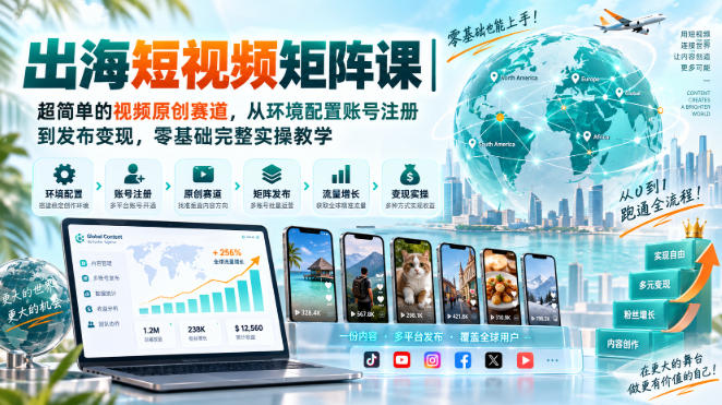 出海短视频矩阵课｜超简单的视频原创赛道，从环境配置账号注册到发布变现，零基础完整实操教学-佰因轻创网