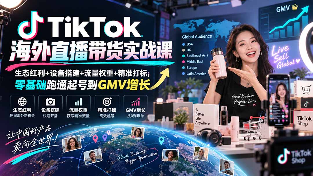 TikTok海外直播带货实战课｜生态红利+设备搭建+流量权重+精准打标，零基础跑通起号到GMV增长-佰因轻创网