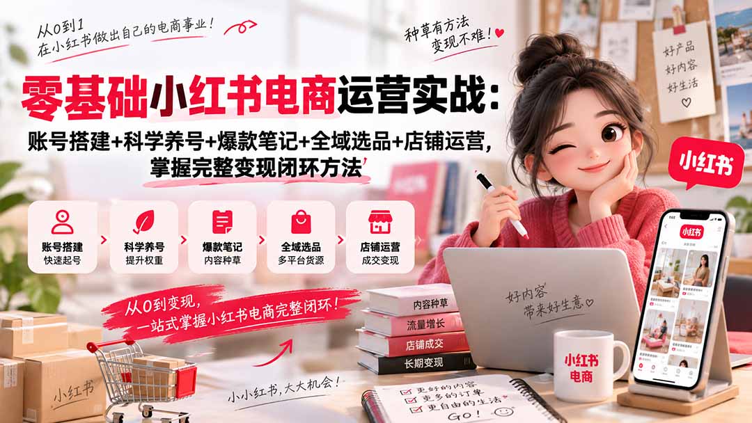 零基础小红书电商运营实战：账号搭建+科学养号+爆款笔记+全域选品+店铺运营，掌握完整变现闭环方法-佰因轻创网