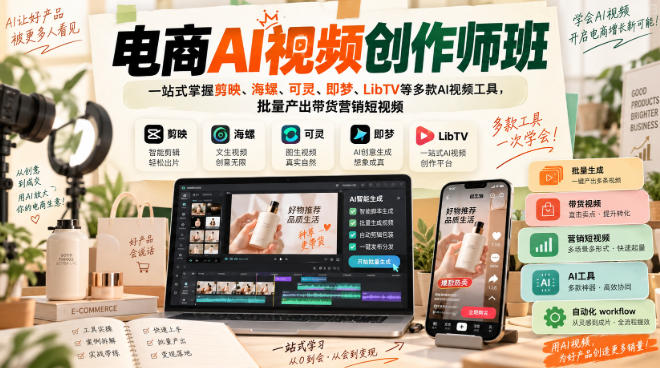 电商AI视频创作师班，一站式掌握剪映、海螺、可灵、即梦、LibTV等多款AI视频工具，批量产出带货营销短视频-佰因轻创网
