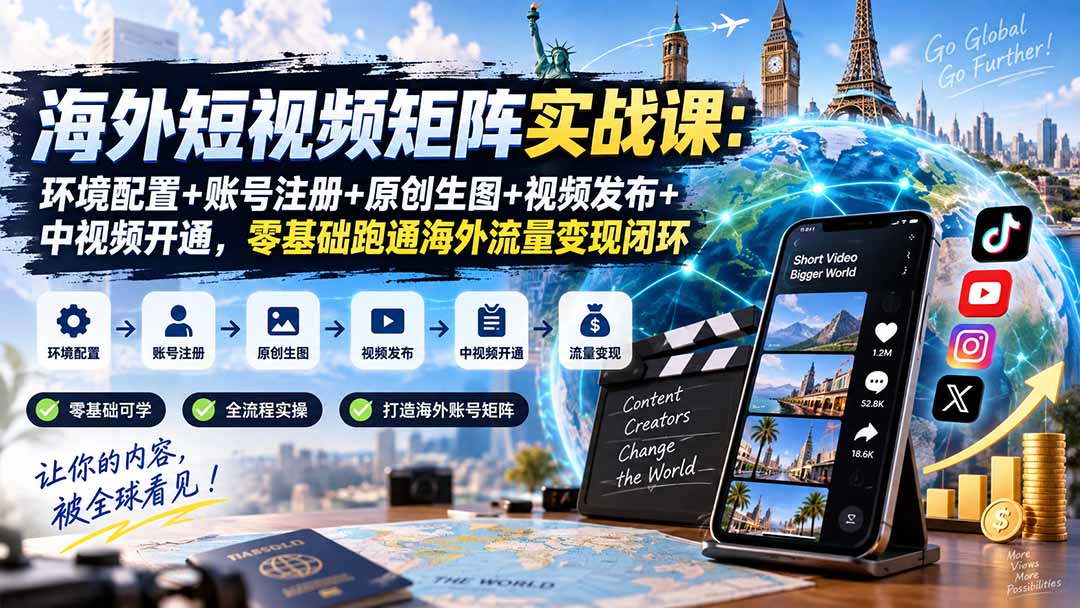 海外短视频矩阵实战课:环境配置+账号注册+原创生图+视频发布+中视频开通,零基础跑通海外流量变现闭环-佰因轻创网