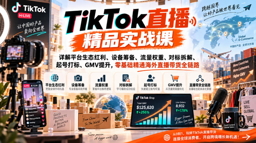 TikTok直播精品实战课，详解平台生态红利、设备筹备、流量权重、对标拆解、起号打标、GMV提升，零基础精通海外直播带货全链路-佰因轻创网