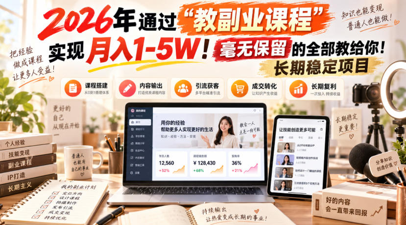 2026年通过“教副业课程”实现月入1-5W！毫无保留的全部教给你！长期稳定项目-佰因轻创网