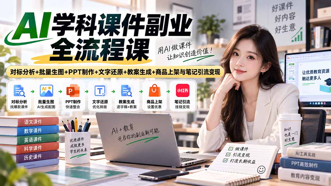 AI学科课件副业全流程课｜对标分析+批量生图+PPT制作+文字还原+教案生成+商品上架与笔记引流变现-佰因轻创网