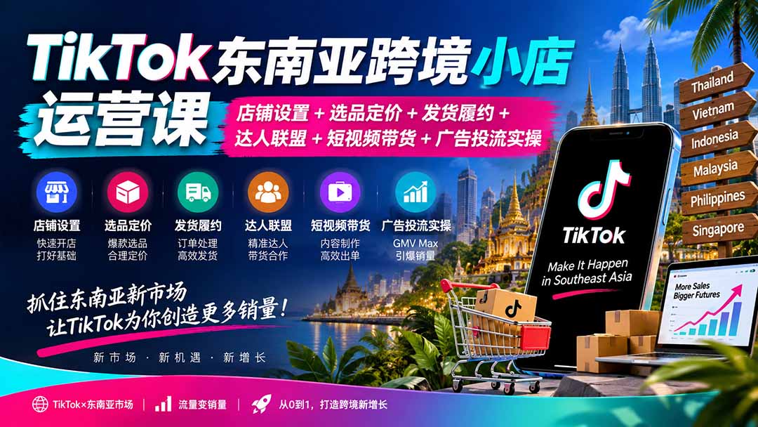 TikTok东南亚跨境小店运营课：店铺设置+选品定价+发货履约+达人联盟+短视频带货+广告投流实操-佰因轻创网
