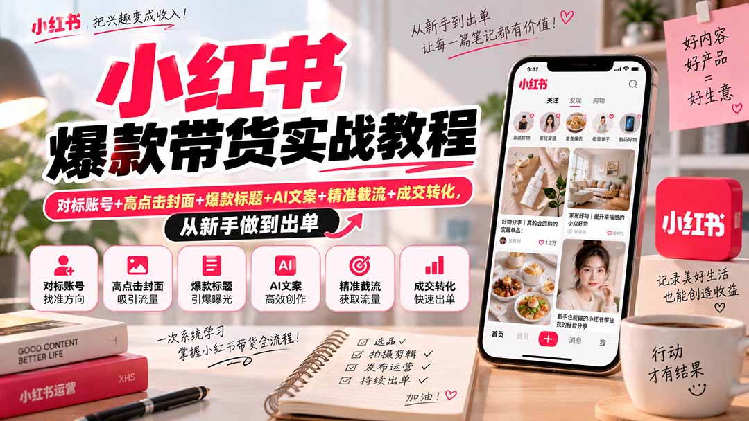 小红书爆款带货实战教程｜对标账号+高点击封面+爆款标题+AI文案+精准截流+成交转化，从新手做到出单-佰因轻创网