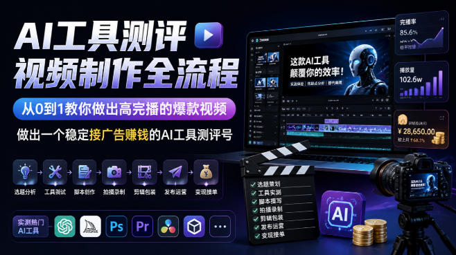 AI工具测评视频制作全流程，从0到1教你做出高完播的爆款视频，做出一个稳定接广告賺钱的AI工具测评号-佰因轻创网