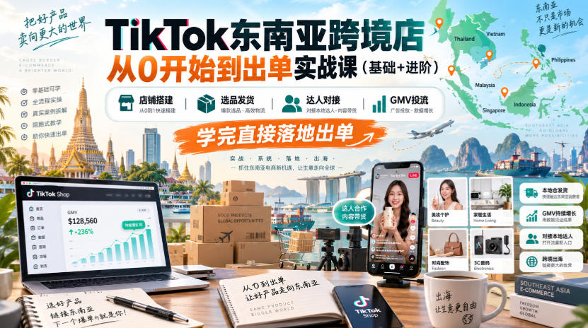 TikTok东南亚跨境店从0开始到出单实战课(基础+进阶),店铺搭建、选品发货、达人对接、GMV投流,学完直接落地出单-佰因轻创网
