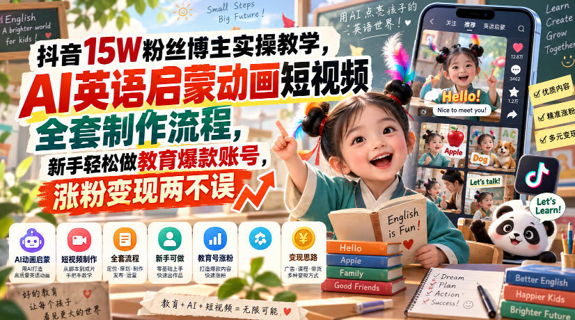 抖音15W粉丝博主实操教学，AI英语启蒙动画短视频全套制作流程，新手轻松做教育爆款账号，涨粉变现两不误-佰因轻创网