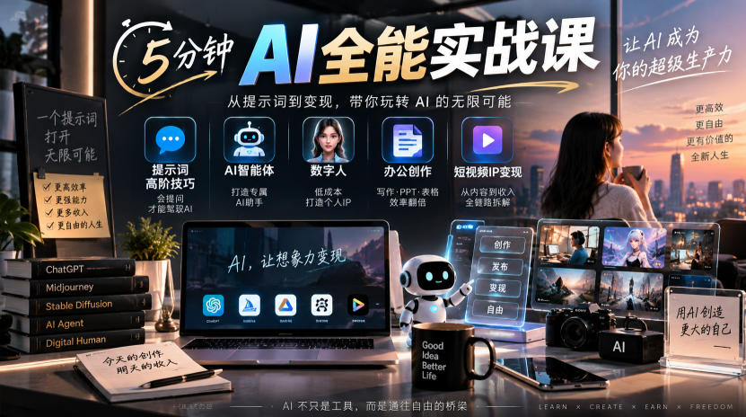 5分钟AI全能实战课｜提示词高阶技巧+AI智能体+数字人+办公创作+短视频IP变现全教程-佰因轻创网